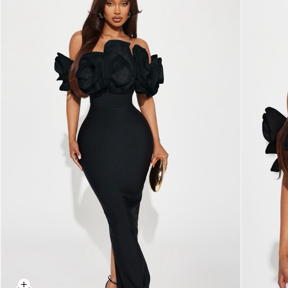 Chic Black Strapless Dress with Floral Accents